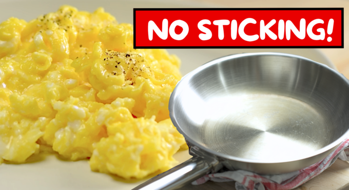 photo of creamy scrambled eggs made in a stainless steel pan with minimal oil, eggs and salt only.